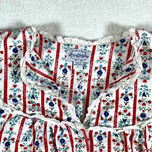 Lanz of Salzburg Womens L Tyrolean Flannel Nightgown Floral Stripe Hearts Lace - Picture 2 of 7